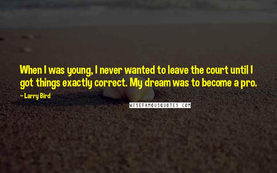 Larry Bird Quotes: When I was young, I never wanted to leave the court until I got things exactly correct. My dream was to become a pro.