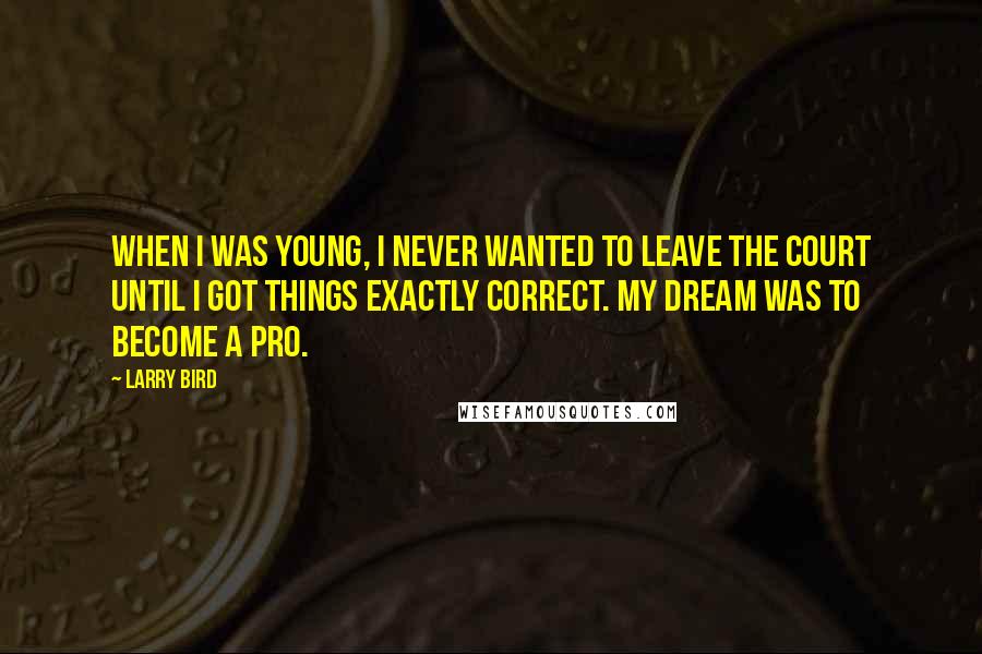 Larry Bird Quotes: When I was young, I never wanted to leave the court until I got things exactly correct. My dream was to become a pro.