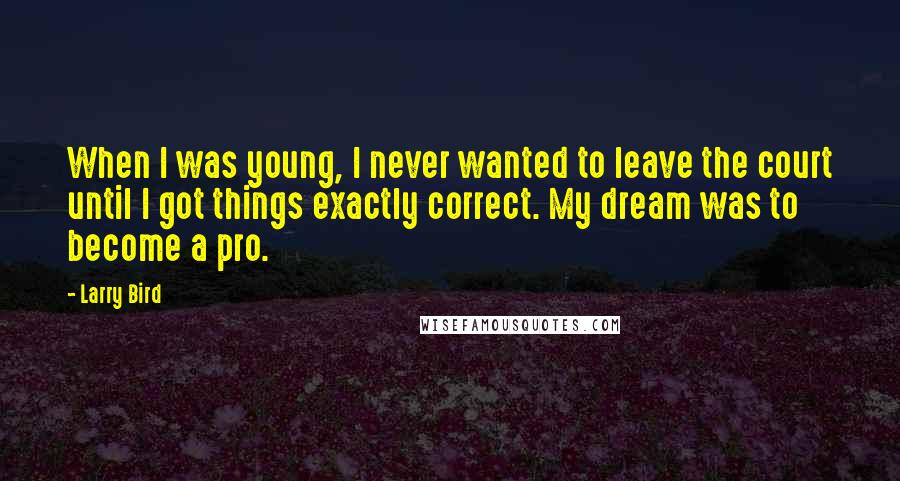 Larry Bird Quotes: When I was young, I never wanted to leave the court until I got things exactly correct. My dream was to become a pro.