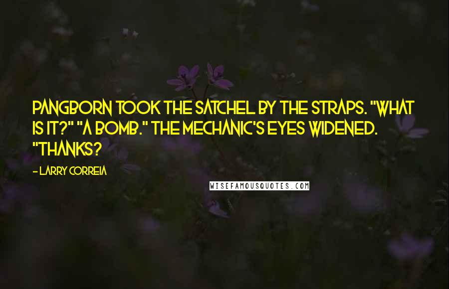 Larry Correia Quotes: Pangborn took the satchel by the straps. "What is it?" "A bomb." The mechanic's eyes widened. "Thanks?