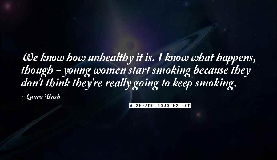 Laura Bush Quotes: We know how unhealthy it is. I know what happens, though - young women start smoking because they don't think they're really going to keep smoking.