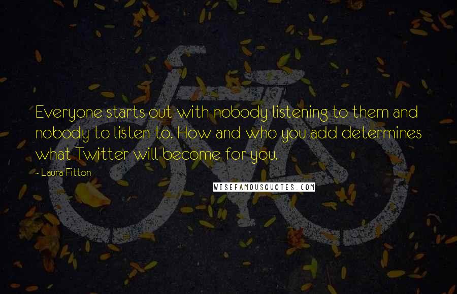 Laura Fitton Quotes: Everyone starts out with nobody listening to them and nobody to listen to. How and who you add determines what Twitter will become for you.