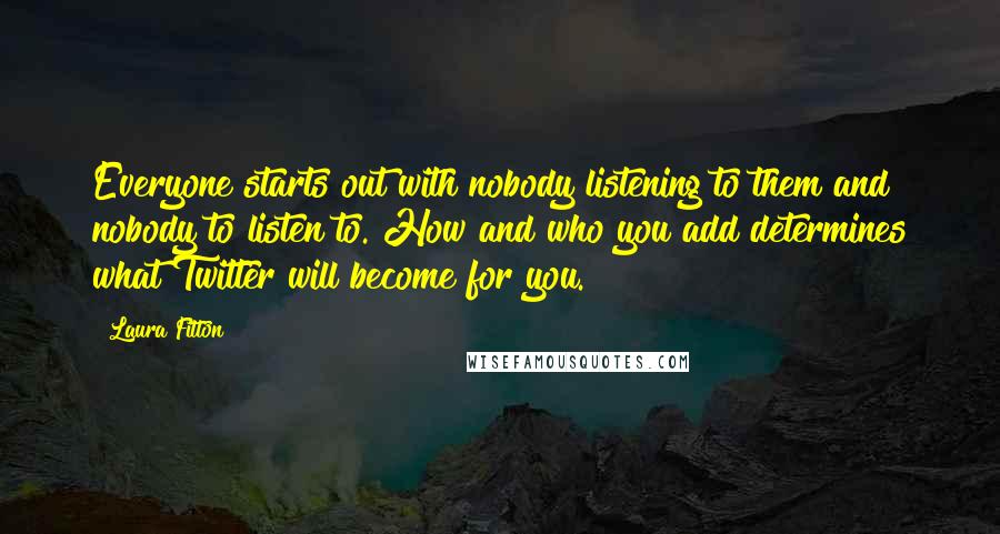 Laura Fitton Quotes: Everyone starts out with nobody listening to them and nobody to listen to. How and who you add determines what Twitter will become for you.