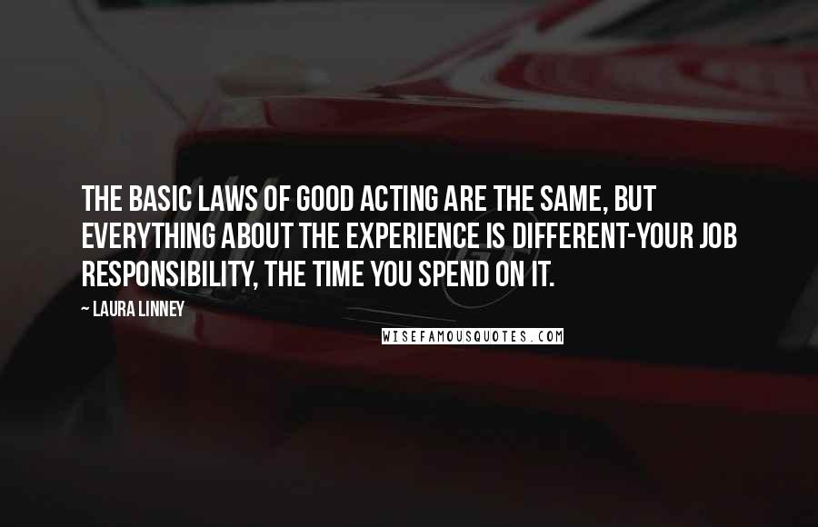 Laura Linney Quotes: The basic laws of good acting are the same, but everything about the experience is different-your job responsibility, the time you spend on it.