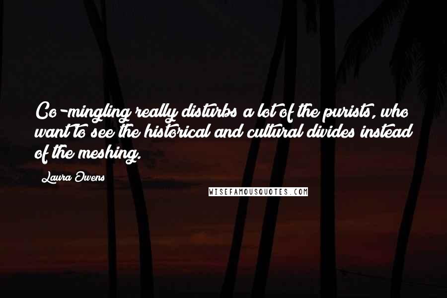 Laura Owens Quotes: Co-mingling really disturbs a lot of the purists, who want to see the historical and cultural divides instead of the meshing.