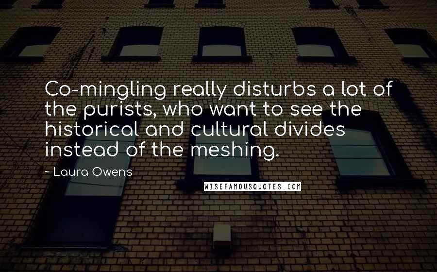 Laura Owens Quotes: Co-mingling really disturbs a lot of the purists, who want to see the historical and cultural divides instead of the meshing.