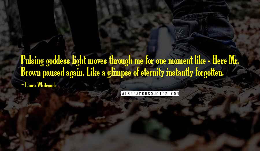 Laura Whitcomb Quotes: Pulsing goddess light moves through me for one moment like - Here Mr. Brown paused again. Like a glimpse of eternity instantly forgotten.