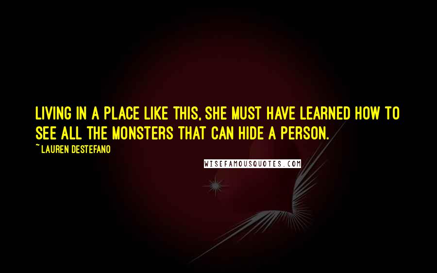 Lauren DeStefano Quotes: Living in a place like this, she must have learned how to see all the monsters that can hide a person.
