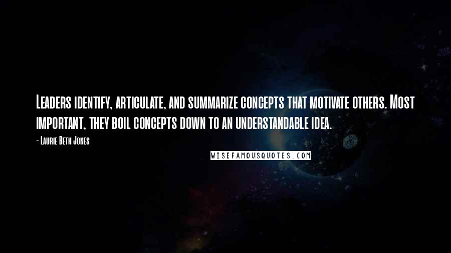 Laurie Beth Jones Quotes: Leaders identify, articulate, and summarize concepts that motivate others. Most important, they boil concepts down to an understandable idea.