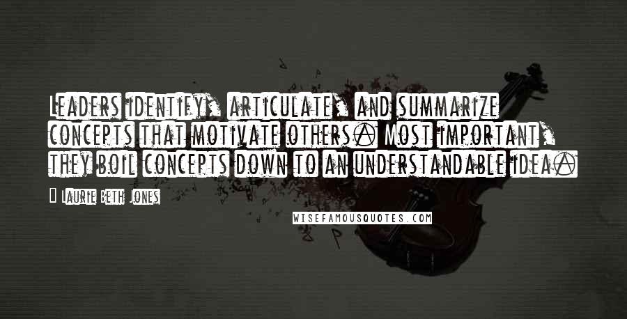 Laurie Beth Jones Quotes: Leaders identify, articulate, and summarize concepts that motivate others. Most important, they boil concepts down to an understandable idea.