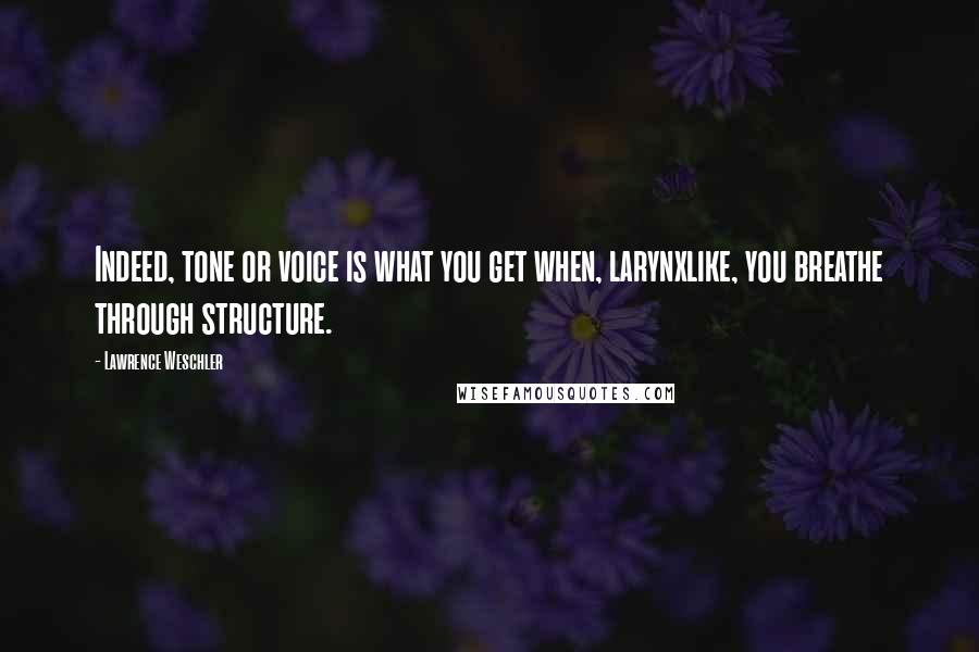 Lawrence Weschler Quotes: Indeed, tone or voice is what you get when, larynxlike, you breathe through structure.