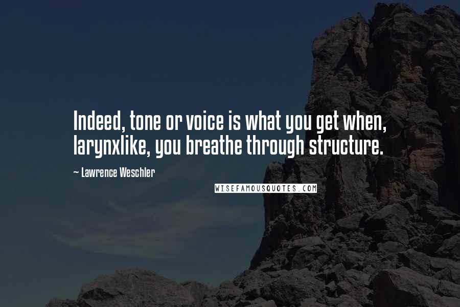 Lawrence Weschler Quotes: Indeed, tone or voice is what you get when, larynxlike, you breathe through structure.