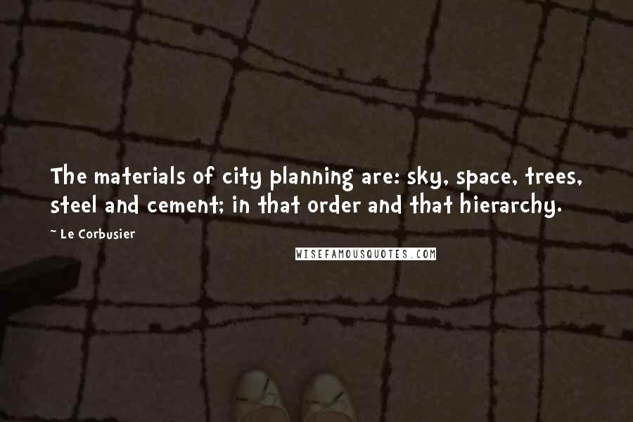 Le Corbusier Quotes: The materials of city planning are: sky, space, trees, steel and cement; in that order and that hierarchy.