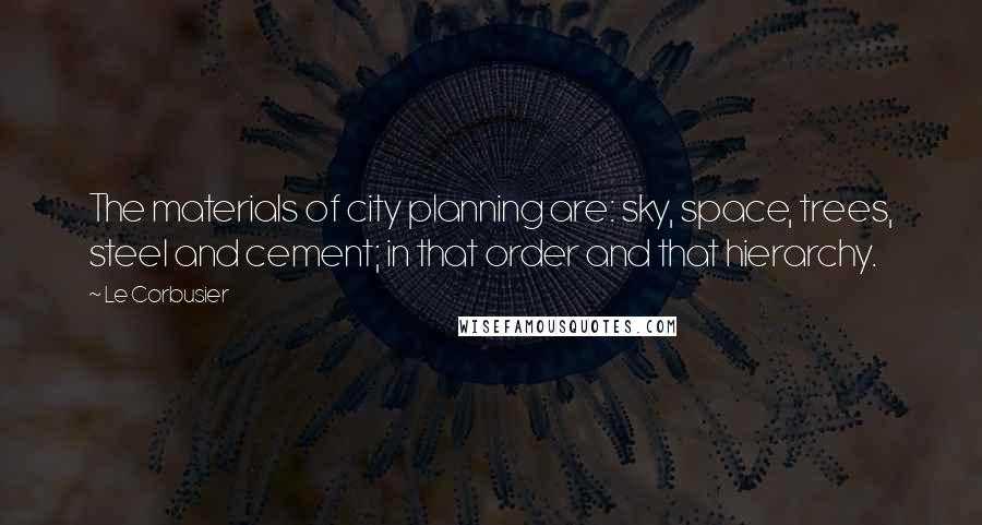 Le Corbusier Quotes: The materials of city planning are: sky, space, trees, steel and cement; in that order and that hierarchy.