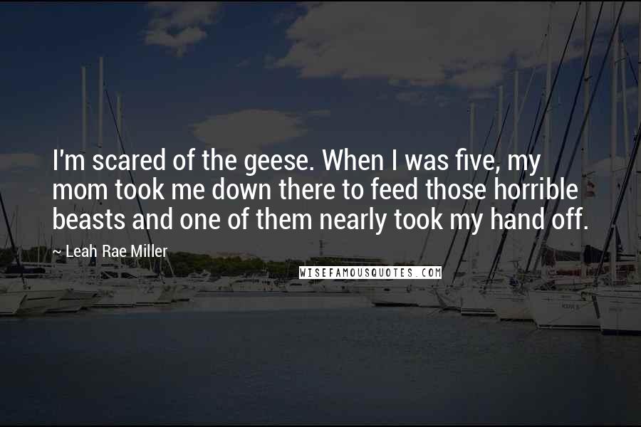 Leah Rae Miller Quotes: I'm scared of the geese. When I was five, my mom took me down there to feed those horrible beasts and one of them nearly took my hand off.