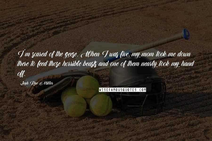 Leah Rae Miller Quotes: I'm scared of the geese. When I was five, my mom took me down there to feed those horrible beasts and one of them nearly took my hand off.