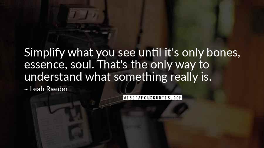 Leah Raeder Quotes: Simplify what you see until it's only bones, essence, soul. That's the only way to understand what something really is.