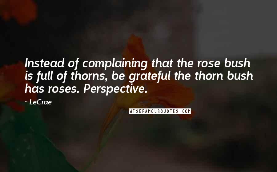 LeCrae Quotes: Instead of complaining that the rose bush is full of thorns, be grateful the thorn bush has roses. Perspective.