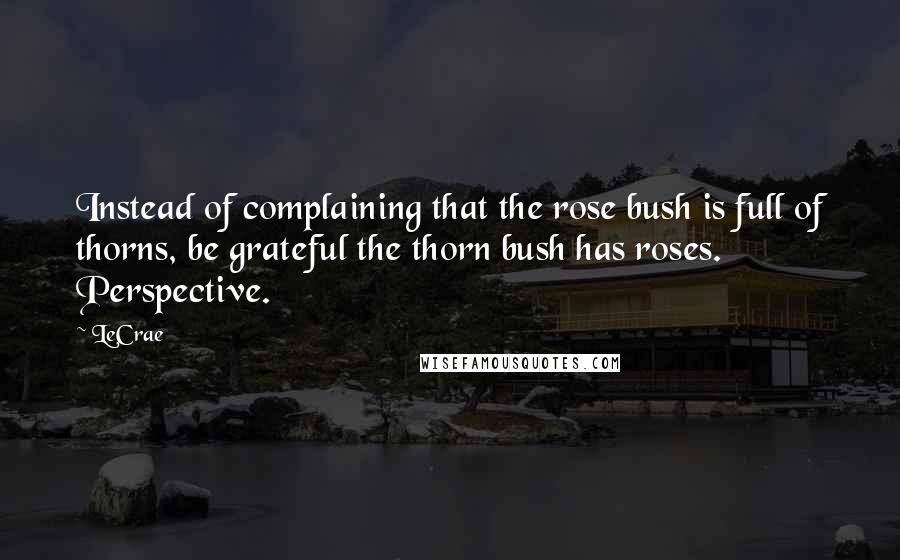 LeCrae Quotes: Instead of complaining that the rose bush is full of thorns, be grateful the thorn bush has roses. Perspective.