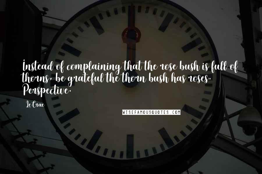 LeCrae Quotes: Instead of complaining that the rose bush is full of thorns, be grateful the thorn bush has roses. Perspective.