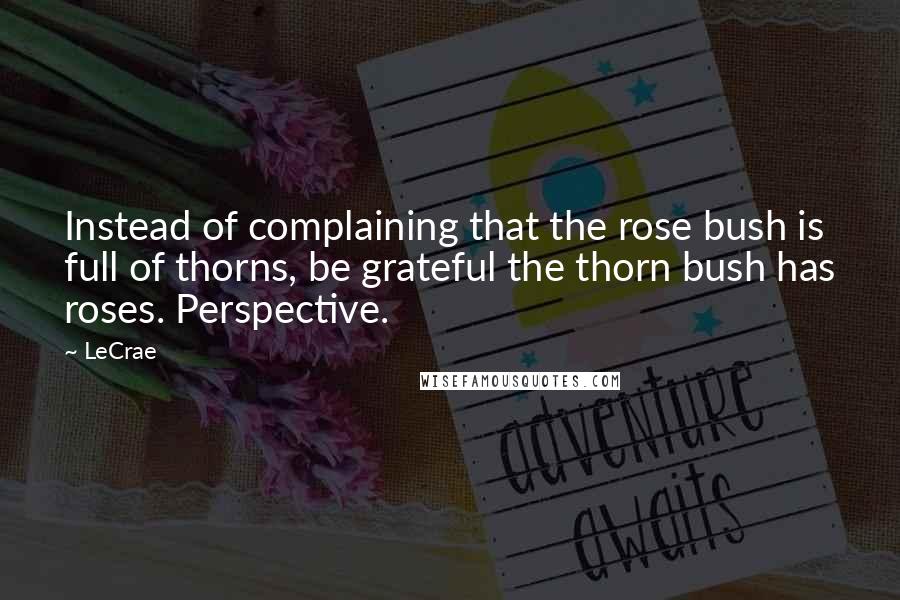 LeCrae Quotes: Instead of complaining that the rose bush is full of thorns, be grateful the thorn bush has roses. Perspective.