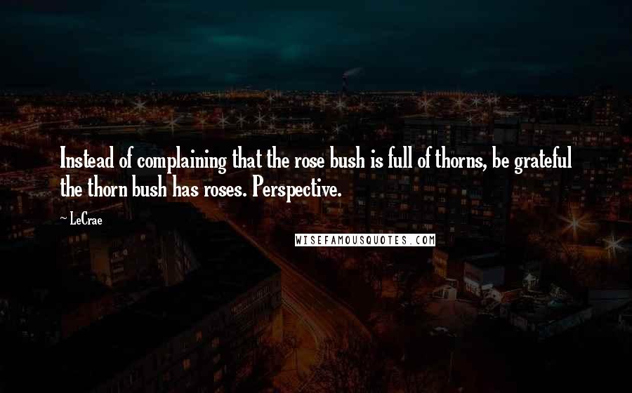 LeCrae Quotes: Instead of complaining that the rose bush is full of thorns, be grateful the thorn bush has roses. Perspective.