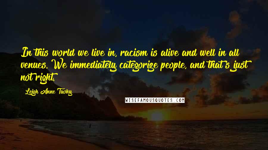 Leigh Anne Tuohy Quotes: In this world we live in, racism is alive and well in all venues. We immediately categorize people, and that's just not right.