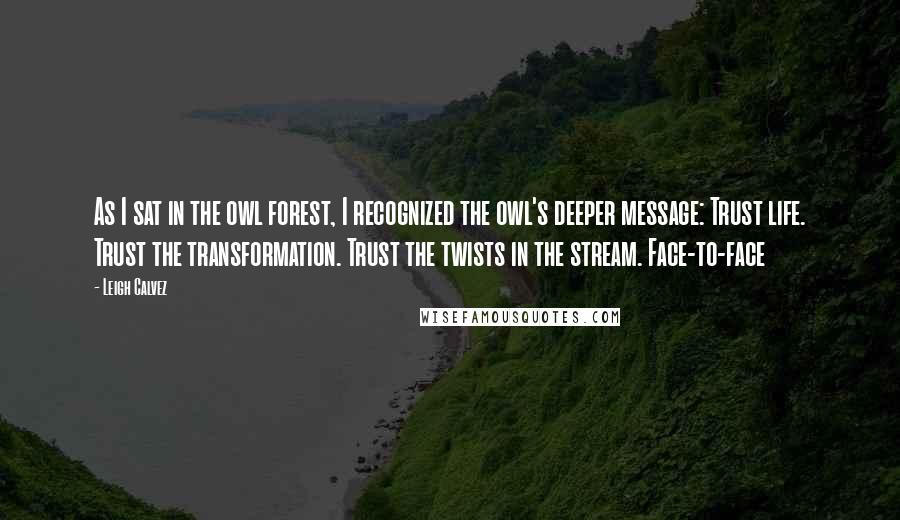 Leigh Calvez Quotes: As I sat in the owl forest, I recognized the owl's deeper message: Trust life. Trust the transformation. Trust the twists in the stream. Face-to-face