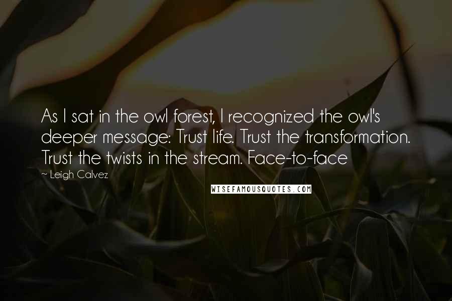 Leigh Calvez Quotes: As I sat in the owl forest, I recognized the owl's deeper message: Trust life. Trust the transformation. Trust the twists in the stream. Face-to-face