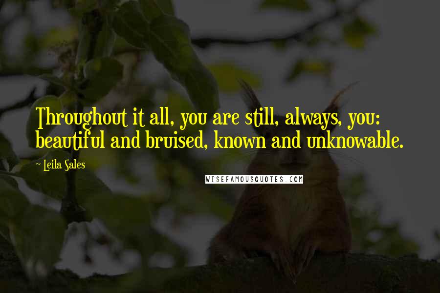 Leila Sales Quotes: Throughout it all, you are still, always, you: beautiful and bruised, known and unknowable.