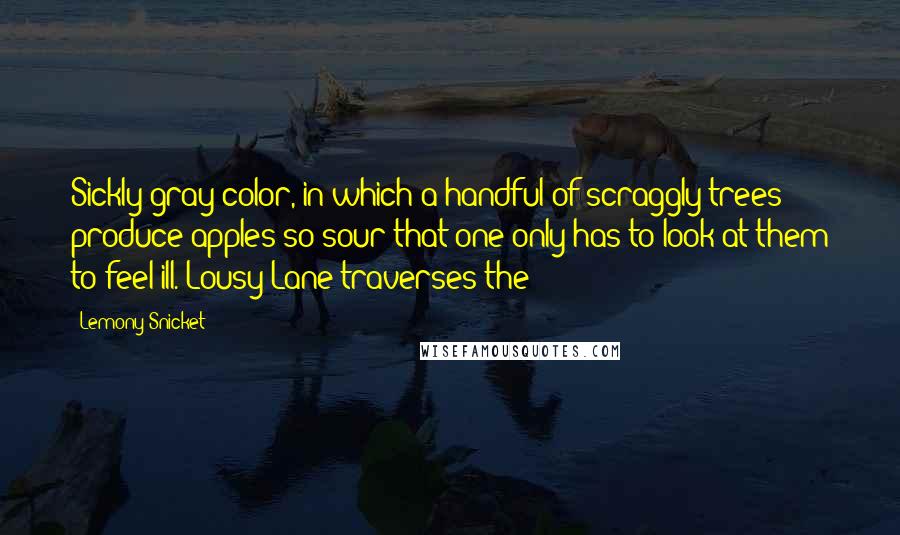 Lemony Snicket Quotes: Sickly gray color, in which a handful of scraggly trees produce apples so sour that one only has to look at them to feel ill. Lousy Lane traverses the