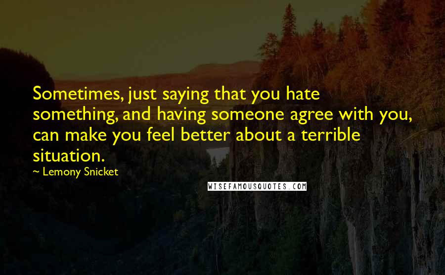 Lemony Snicket Quotes: Sometimes, just saying that you hate something, and having someone agree with you, can make you feel better about a terrible situation.