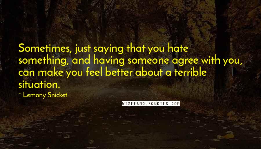 Lemony Snicket Quotes: Sometimes, just saying that you hate something, and having someone agree with you, can make you feel better about a terrible situation.