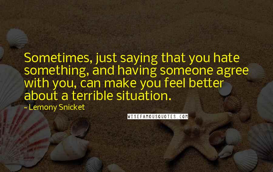 Lemony Snicket Quotes: Sometimes, just saying that you hate something, and having someone agree with you, can make you feel better about a terrible situation.