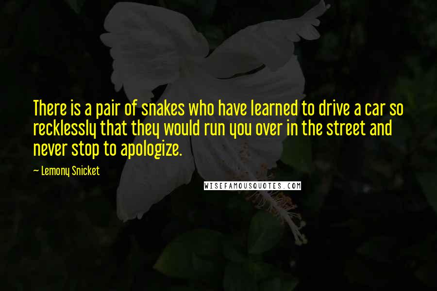 Lemony Snicket Quotes: There is a pair of snakes who have learned to drive a car so recklessly that they would run you over in the street and never stop to apologize.