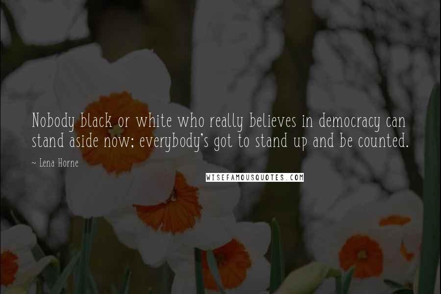 Lena Horne Quotes: Nobody black or white who really believes in democracy can stand aside now; everybody's got to stand up and be counted.