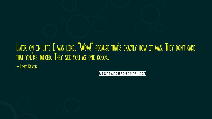 Lenny Kravitz Quotes: Later on in life I was like, "Wow!" because that's exactly how it was. They don't care that you're mixed. They see you as one color.