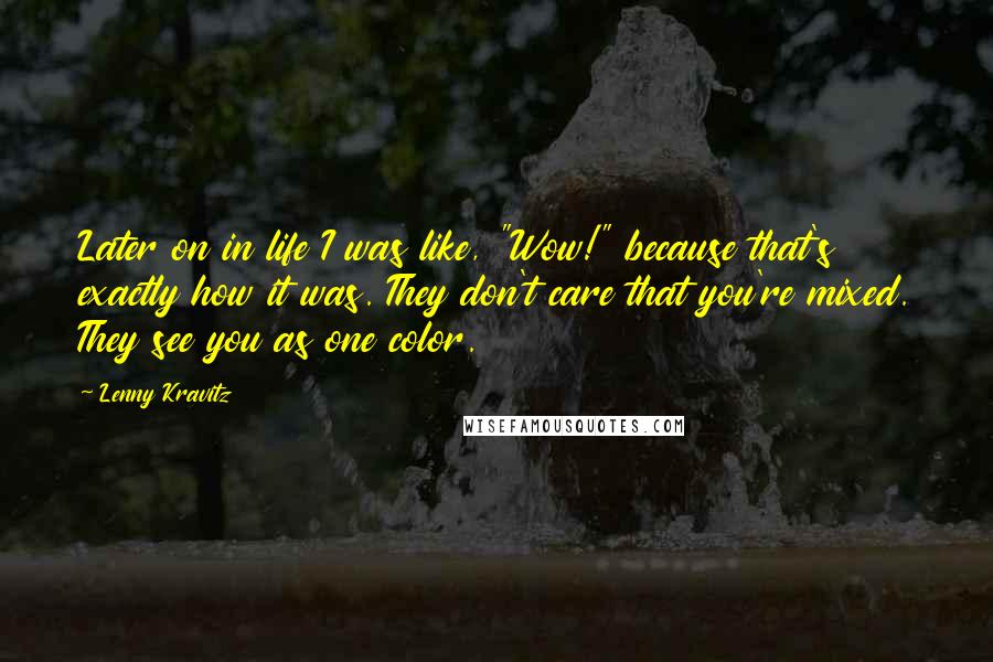 Lenny Kravitz Quotes: Later on in life I was like, "Wow!" because that's exactly how it was. They don't care that you're mixed. They see you as one color.