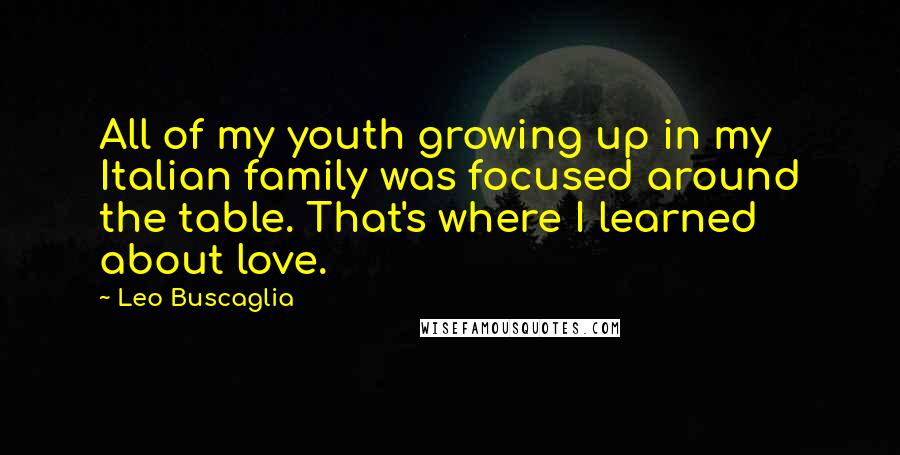 Leo Buscaglia Quotes: All of my youth growing up in my Italian family was focused around the table. That's where I learned about love.