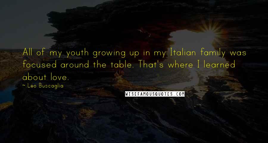 Leo Buscaglia Quotes: All of my youth growing up in my Italian family was focused around the table. That's where I learned about love.