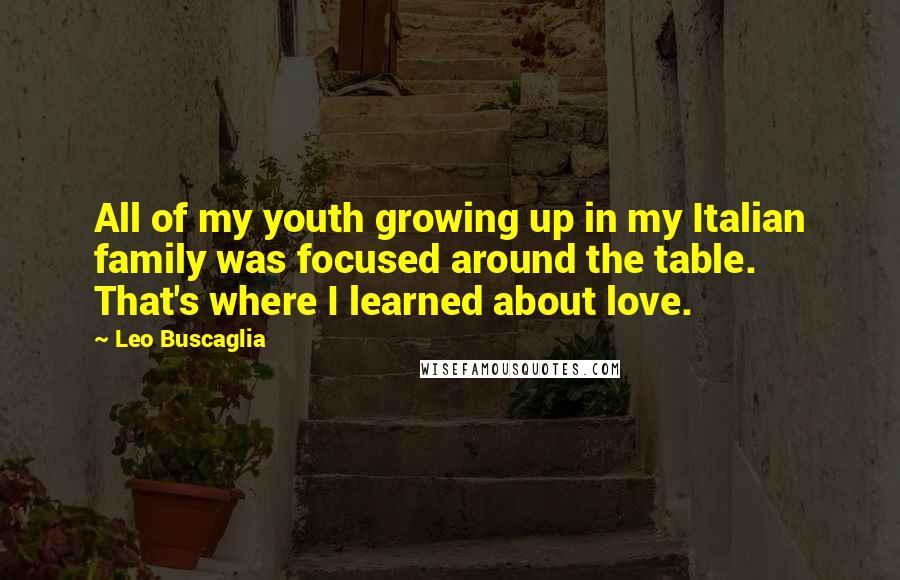 Leo Buscaglia Quotes: All of my youth growing up in my Italian family was focused around the table. That's where I learned about love.