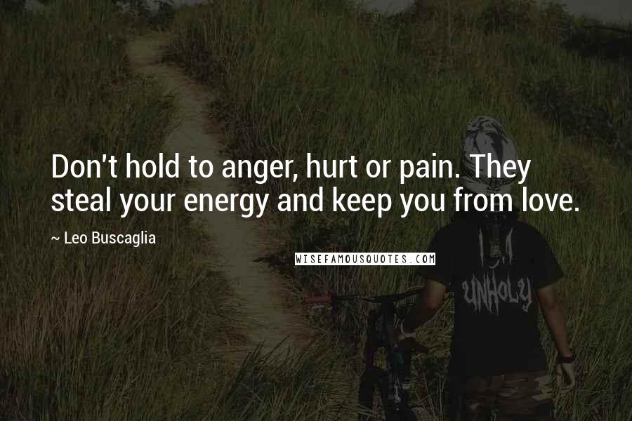 Leo Buscaglia Quotes: Don't hold to anger, hurt or pain. They steal your energy and keep you from love.