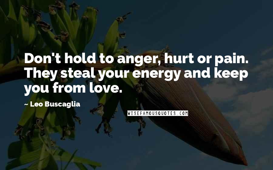 Leo Buscaglia Quotes: Don't hold to anger, hurt or pain. They steal your energy and keep you from love.