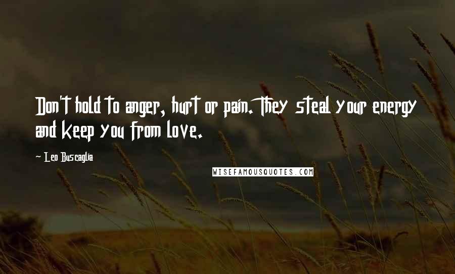 Leo Buscaglia Quotes: Don't hold to anger, hurt or pain. They steal your energy and keep you from love.