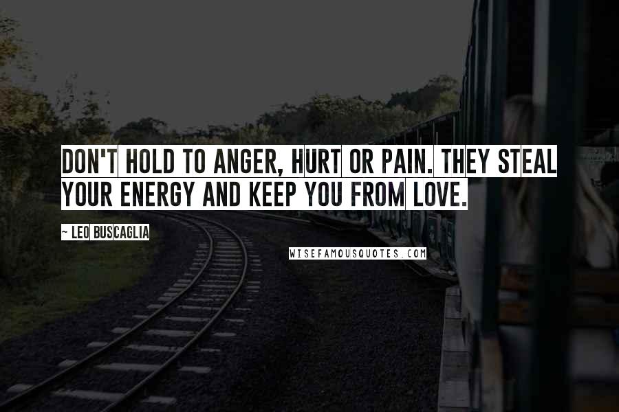 Leo Buscaglia Quotes: Don't hold to anger, hurt or pain. They steal your energy and keep you from love.