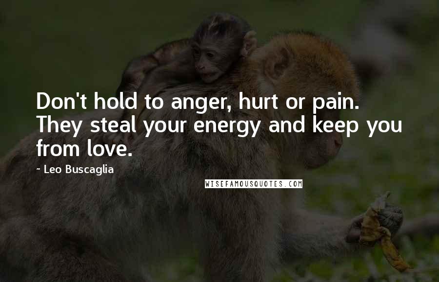 Leo Buscaglia Quotes: Don't hold to anger, hurt or pain. They steal your energy and keep you from love.