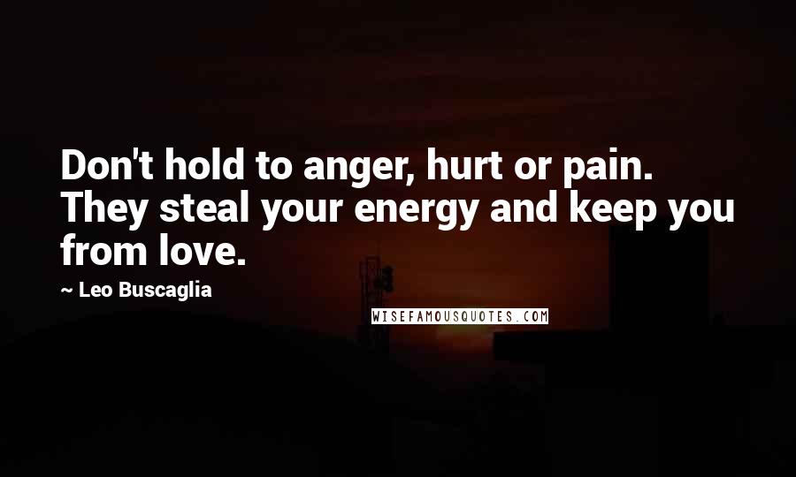 Leo Buscaglia Quotes: Don't hold to anger, hurt or pain. They steal your energy and keep you from love.