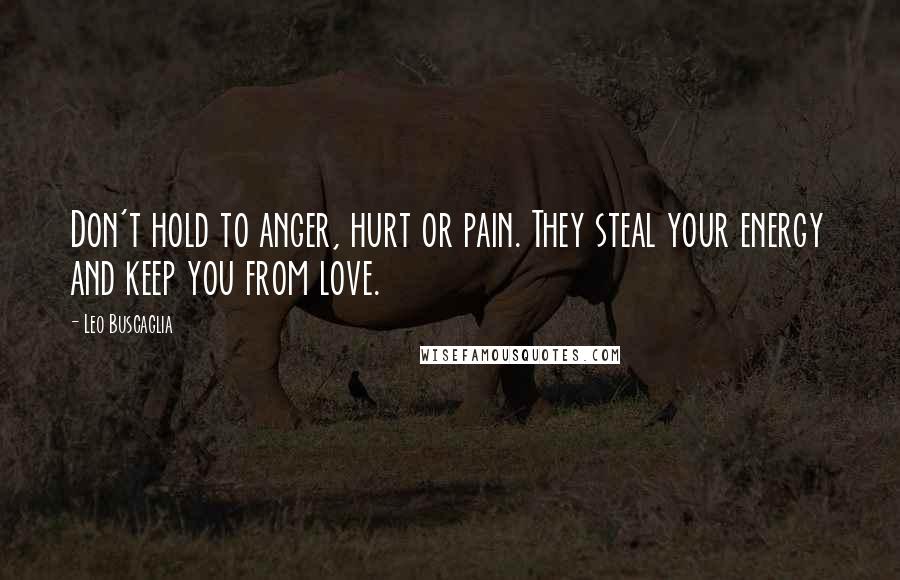 Leo Buscaglia Quotes: Don't hold to anger, hurt or pain. They steal your energy and keep you from love.