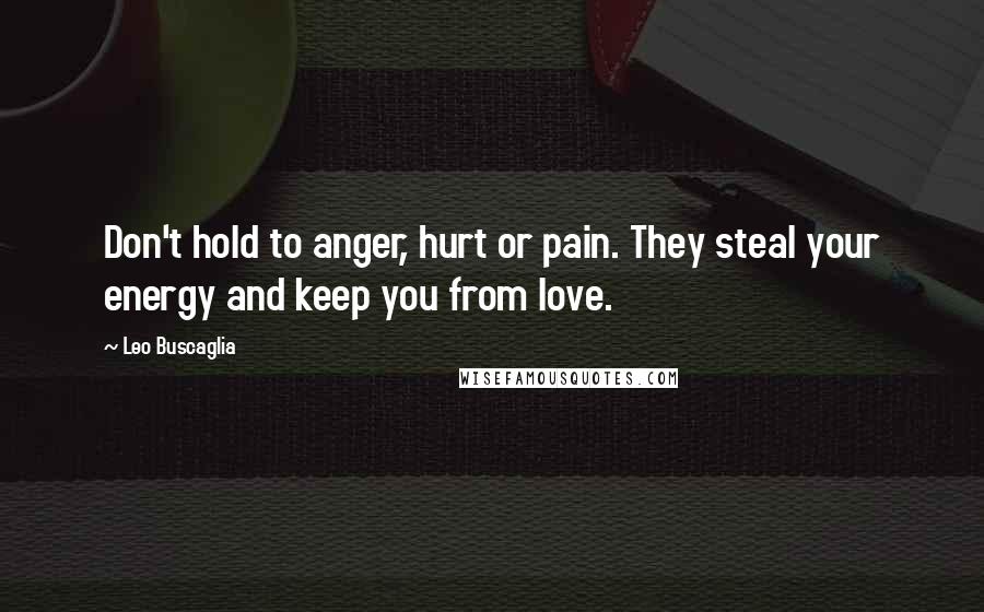 Leo Buscaglia Quotes: Don't hold to anger, hurt or pain. They steal your energy and keep you from love.