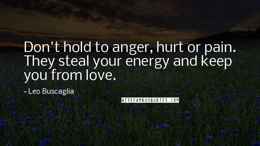 Leo Buscaglia Quotes: Don't hold to anger, hurt or pain. They steal your energy and keep you from love.